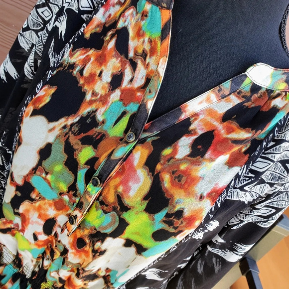 Calvin Klein Multi-Color Blouse W/Lining Elastic at Waist Petite S EUC - Picture 4 of 11